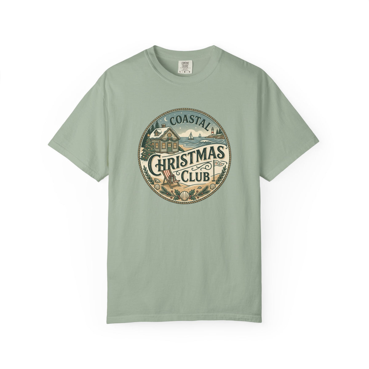 Coastal Christmas Club Vintage Badge T-Shirt | Mint Green Beach Holiday Tee