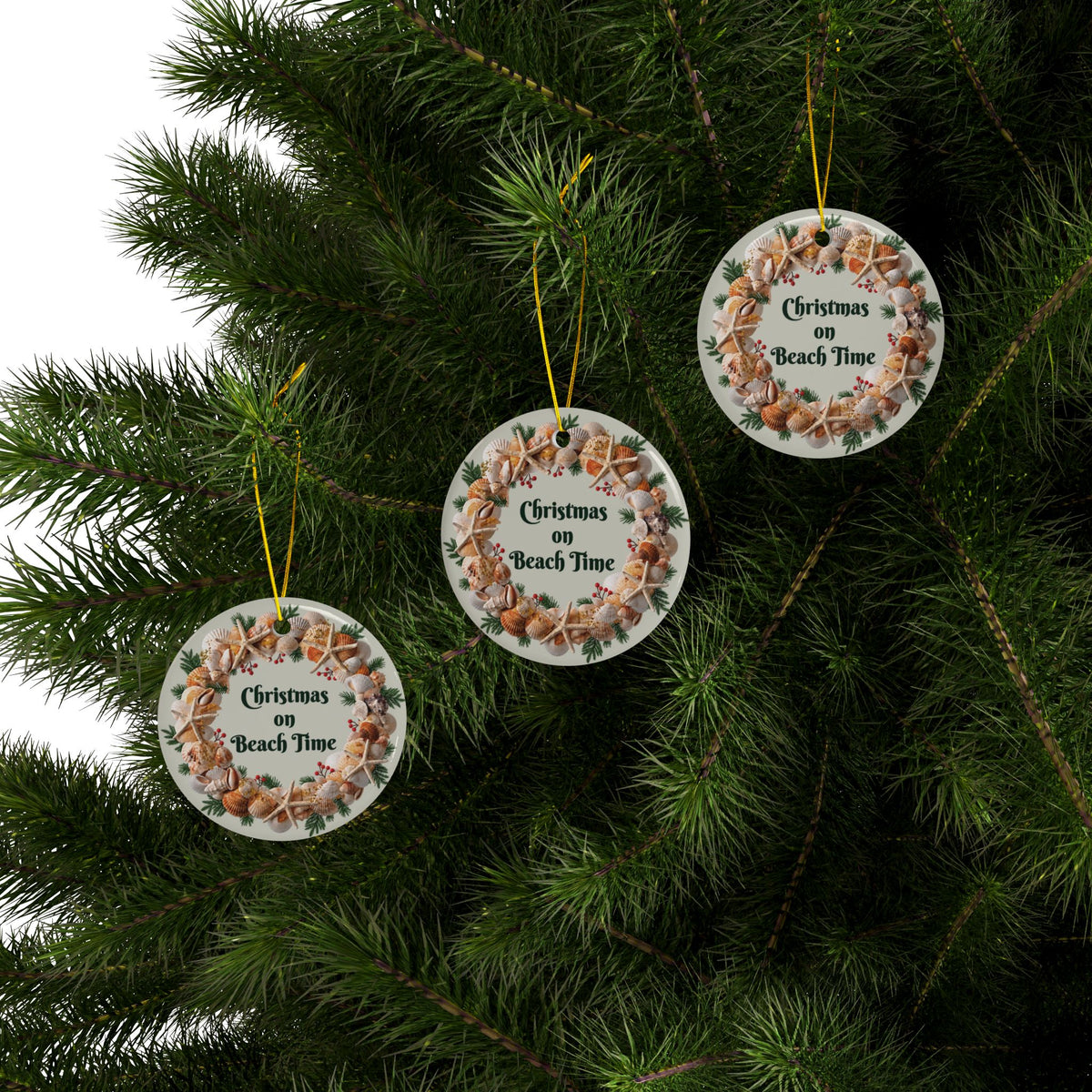 Christmas on Beach Time Seashell Wreath Ceramic Ornament | Coastal Tree Decor
