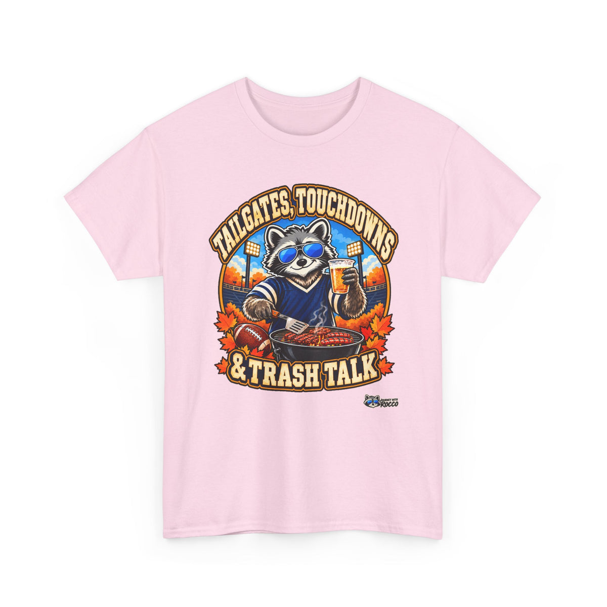 Rocco Raccoon “Tailgates, Touchdowns & Trash Talk” T-Shirt | Funny Football Tailgate Tee | Journey with Rocco Series