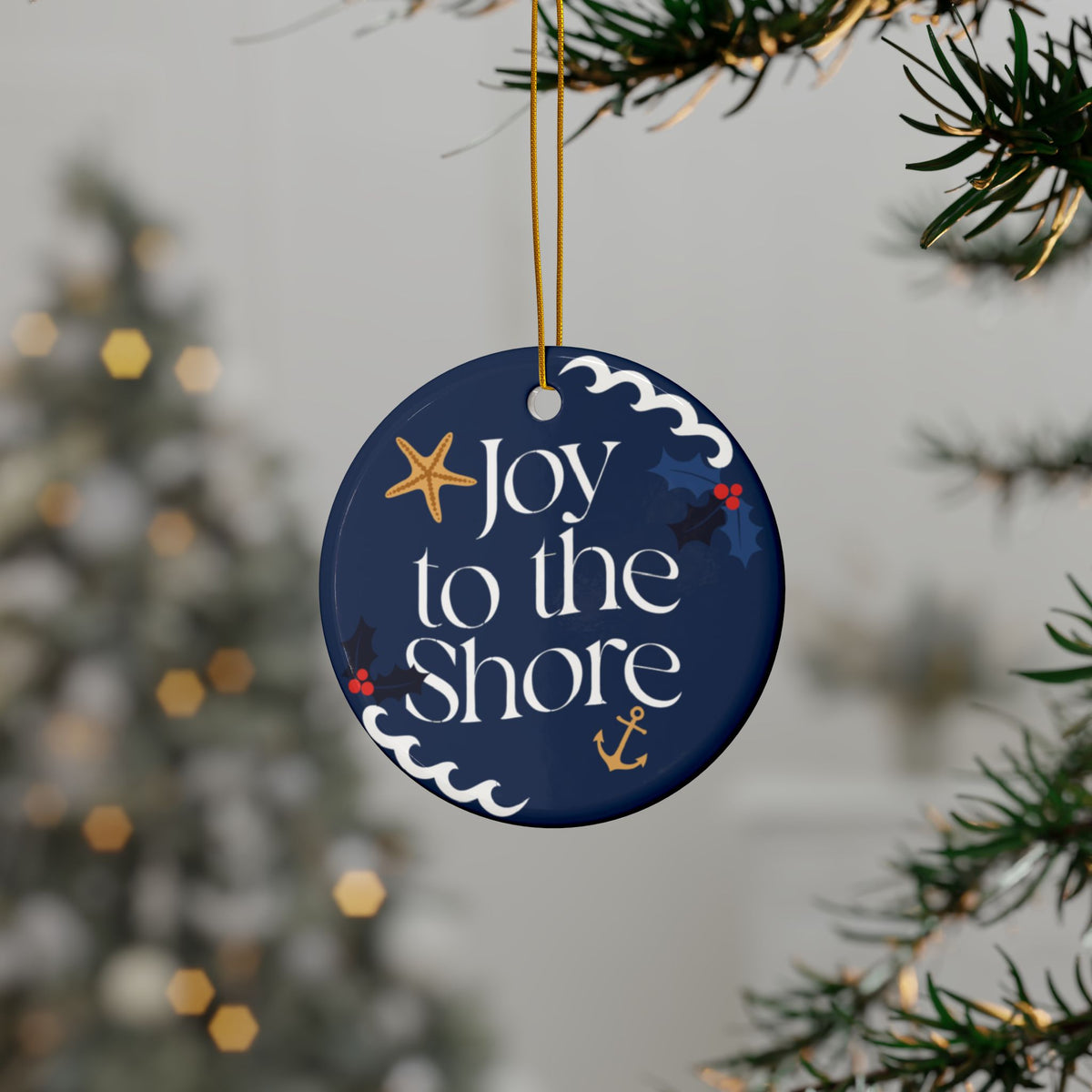 Joy to the Shore Navy Ceramic Christmas Ornament | Coastal Nautical Tree Decor