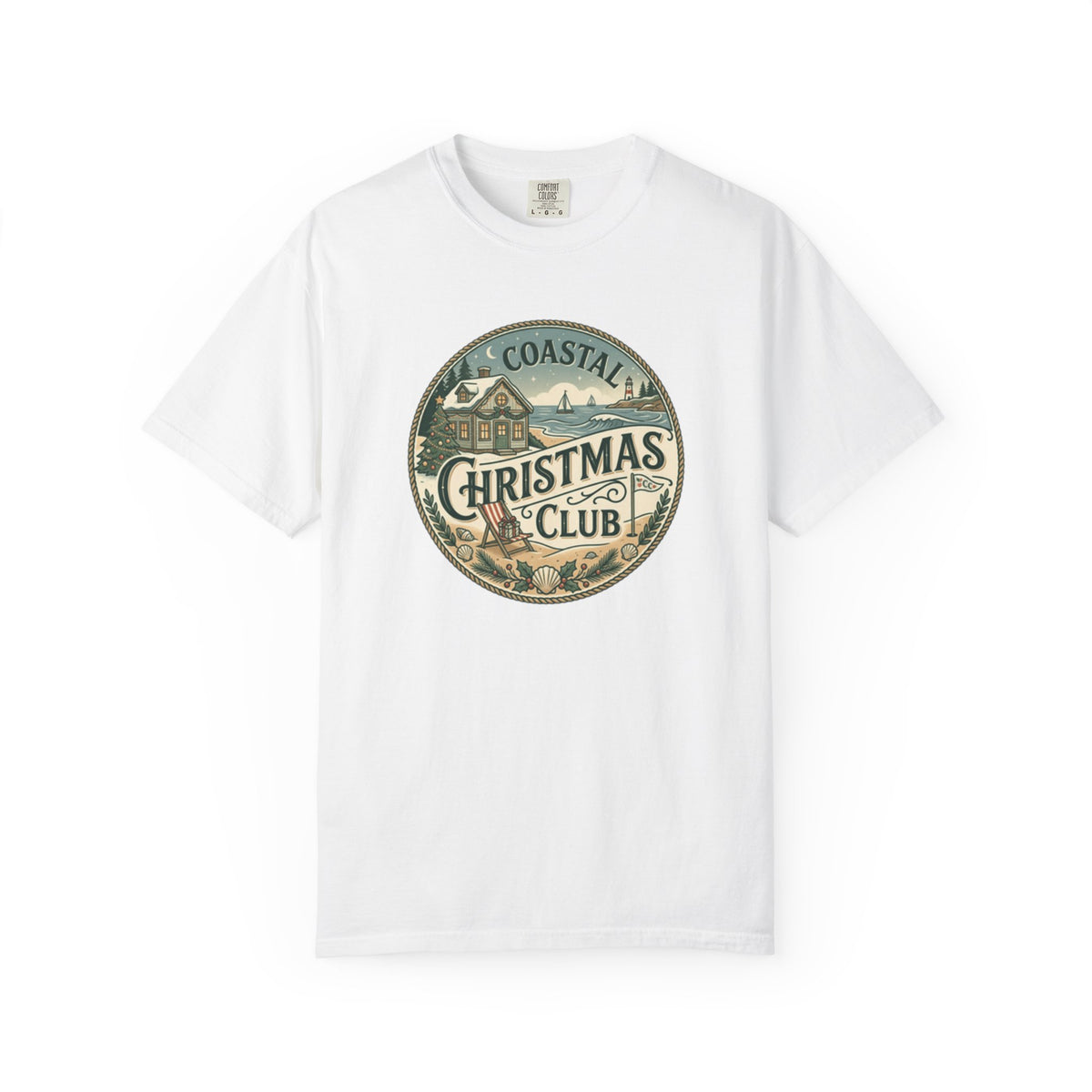 Coastal Christmas Club Vintage Badge T-Shirt | Mint Green Beach Holiday Tee