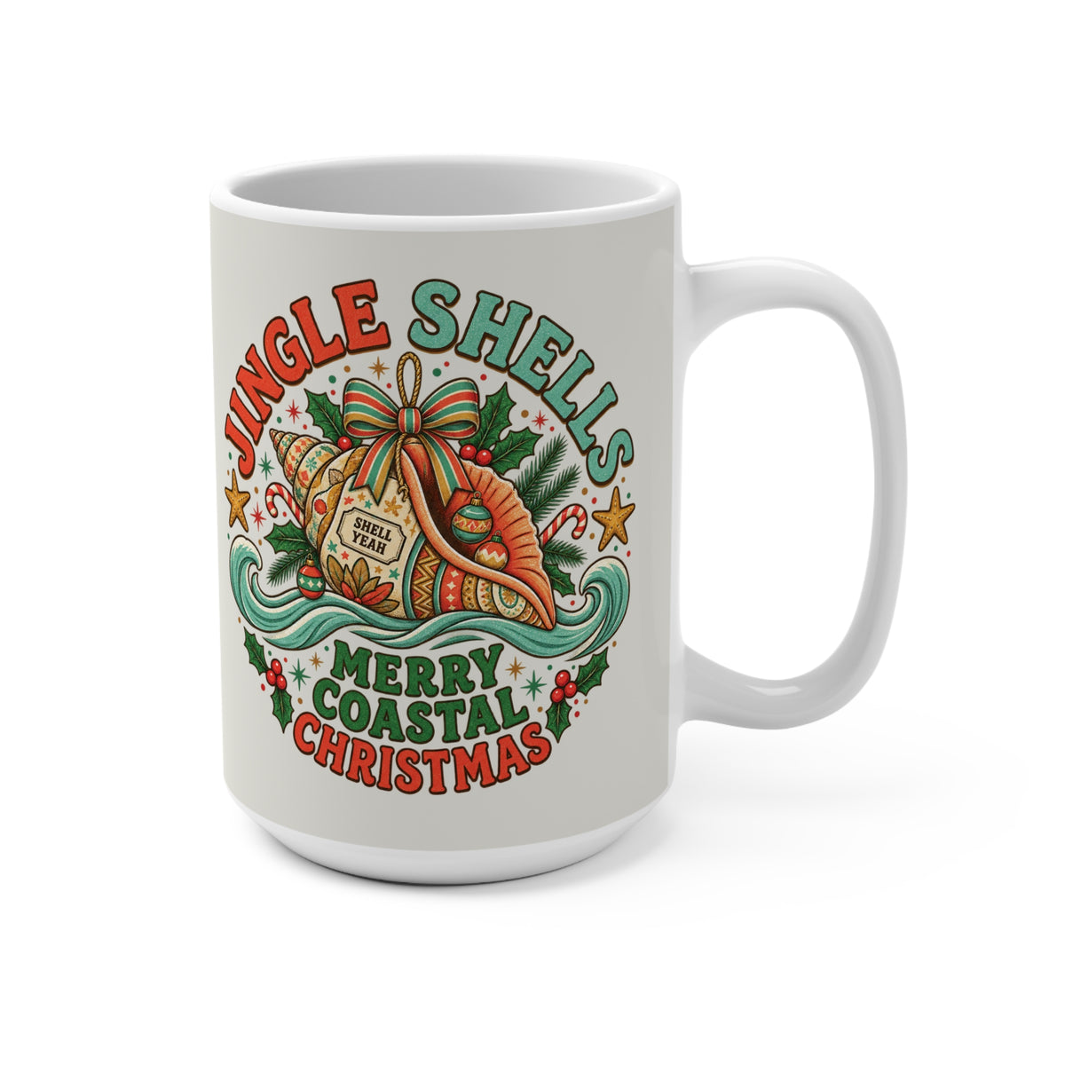 Jingle Shells Merry Coastal Christmas Coffee Mug | Beachy Holiday Ceramic Cup