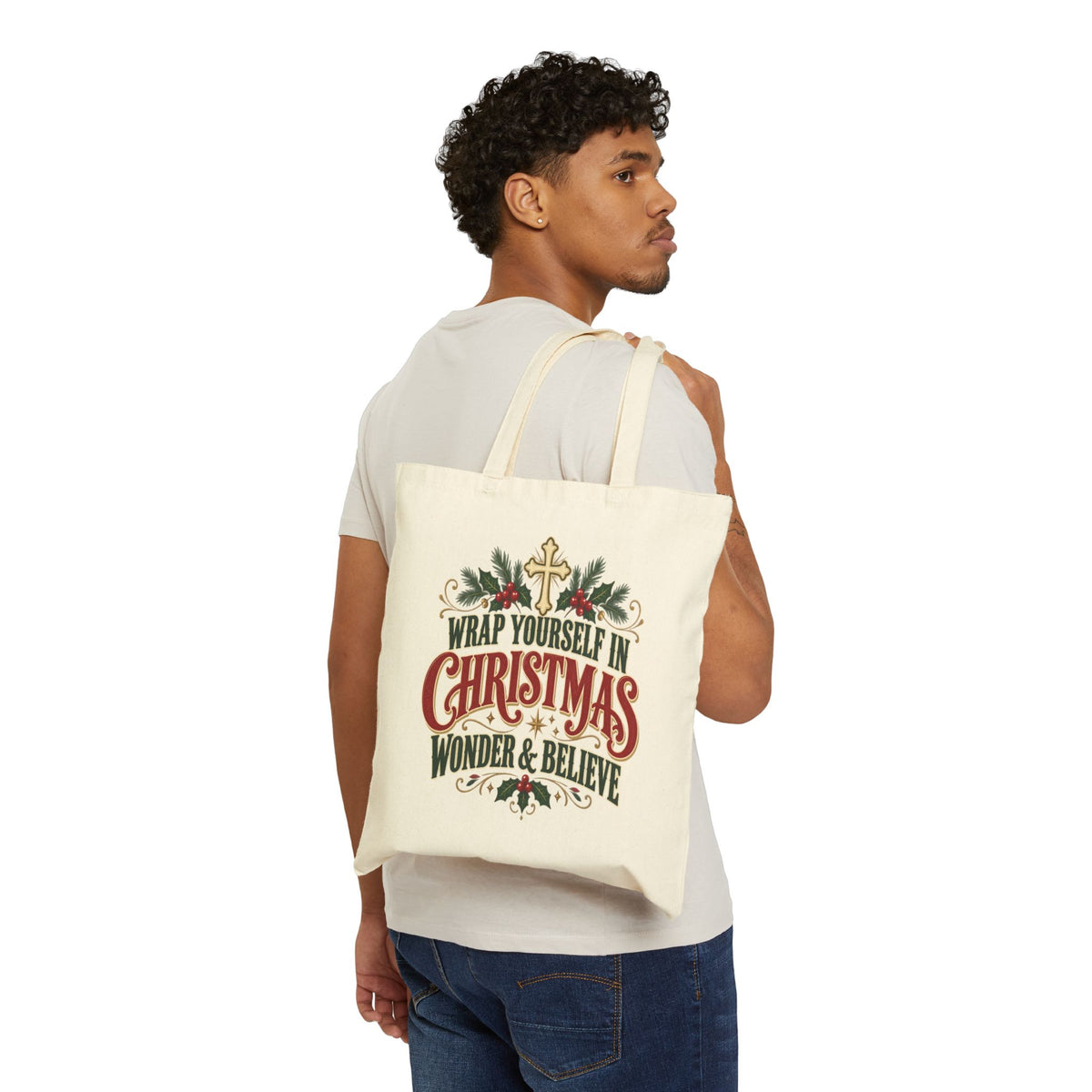 Wrap Yourself in Christmas Wonder & Believe Tote Bag | Natural Canvas Holiday Tote