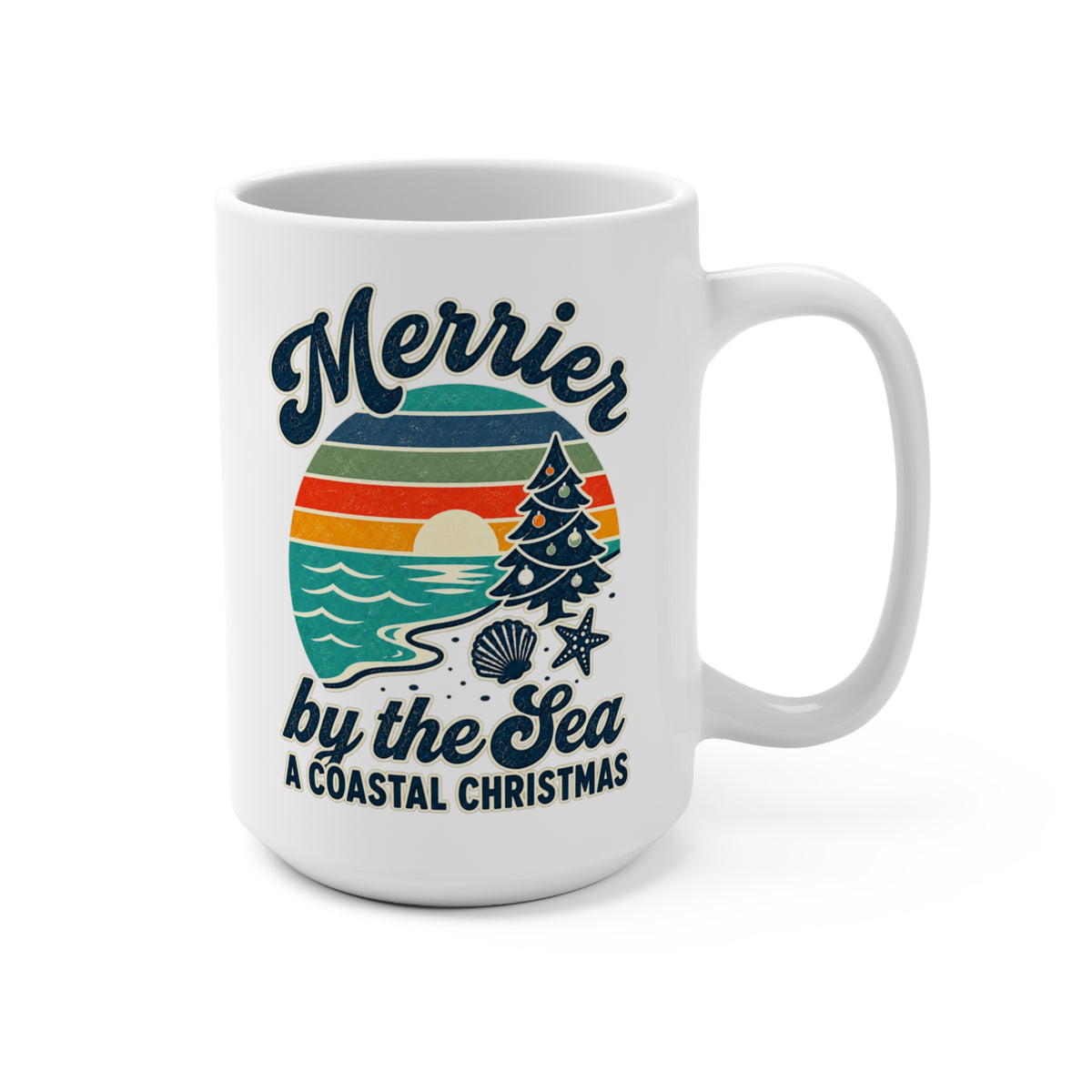Merrier by the Sea Coastal Christmas Coffee Mug | Vintage Beach Holiday Cup