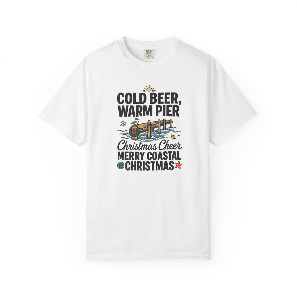 Christmas Coastal T‑Shirt — "Cold Beer, Warm Pier" Holiday Beach Tee