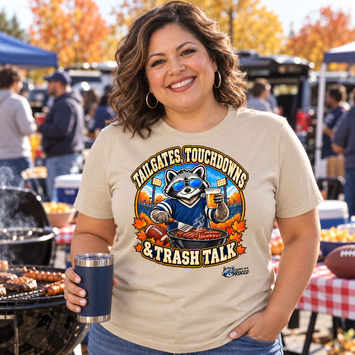 Rocco Raccoon “Tailgates, Touchdowns & Trash Talk” T-Shirt | Funny Football Tailgate Tee | Journey with Rocco Series