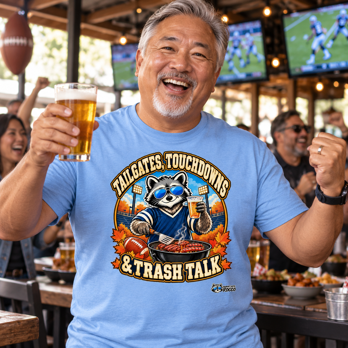 Rocco Raccoon “Tailgates, Touchdowns & Trash Talk” T-Shirt | Funny Football Tailgate Tee | Journey with Rocco Series