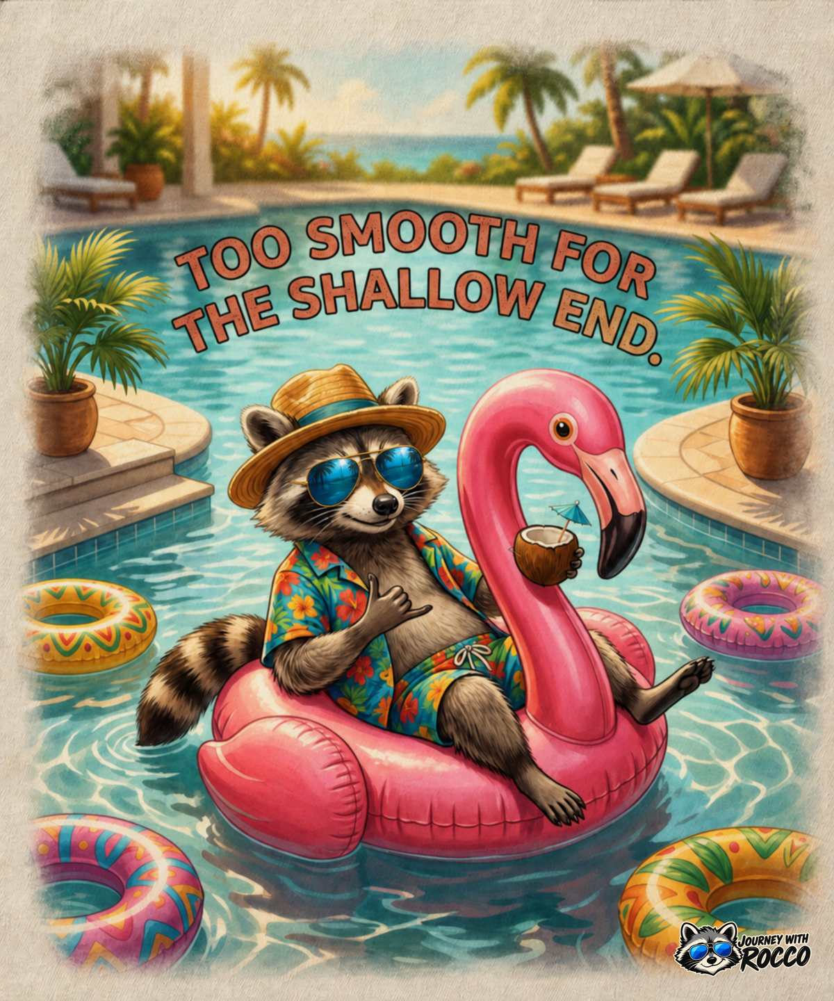 Rocco Raccoon “Too Smooth for the Shallow End” T-Shirt | Funny Summer Beach Tee | Journey with Rocco Series