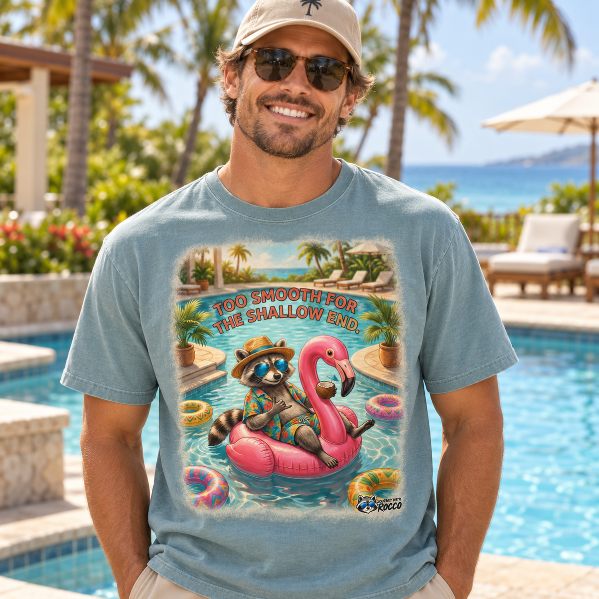 Rocco Raccoon “Too Smooth for the Shallow End” T-Shirt | Funny Summer Beach Tee | Journey with Rocco Series
