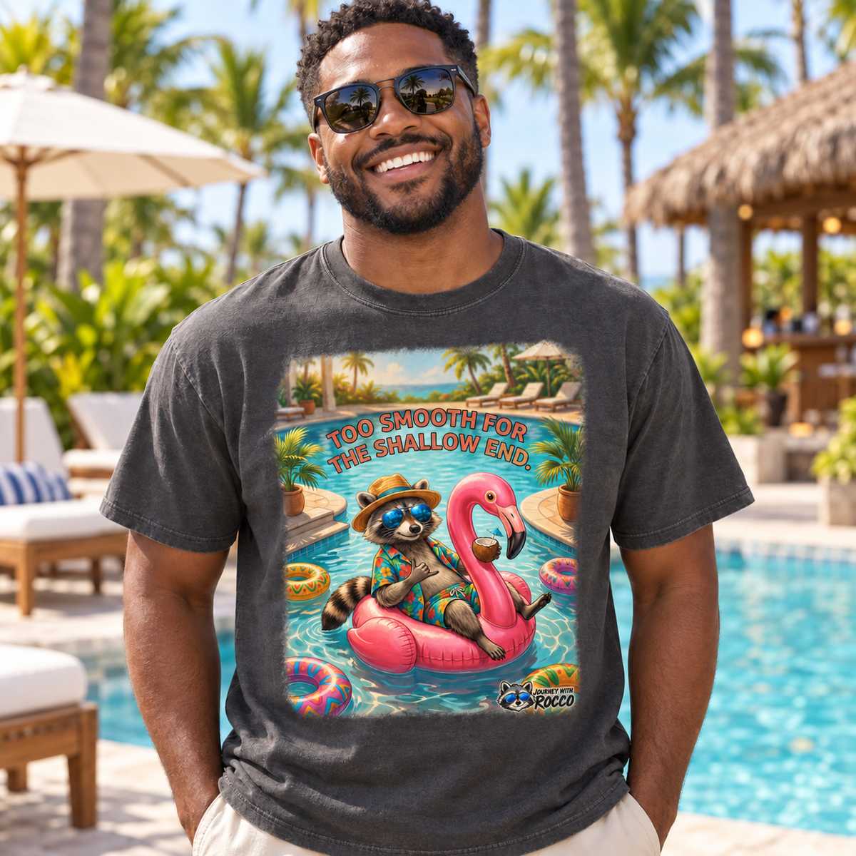 Rocco Raccoon “Too Smooth for the Shallow End” T-Shirt | Funny Summer Beach Tee | Journey with Rocco Series