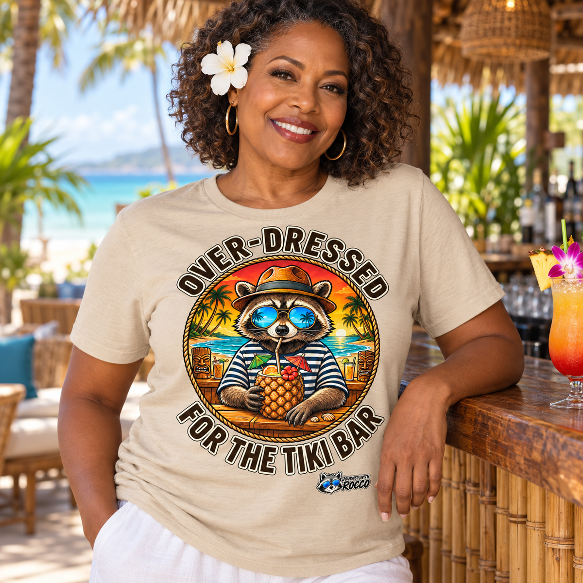 Rocco Raccoon “Over-Dressed for the Tiki Bar” T-Shirt | Retro Tropical Beach Tee | Journey with Rocco Series