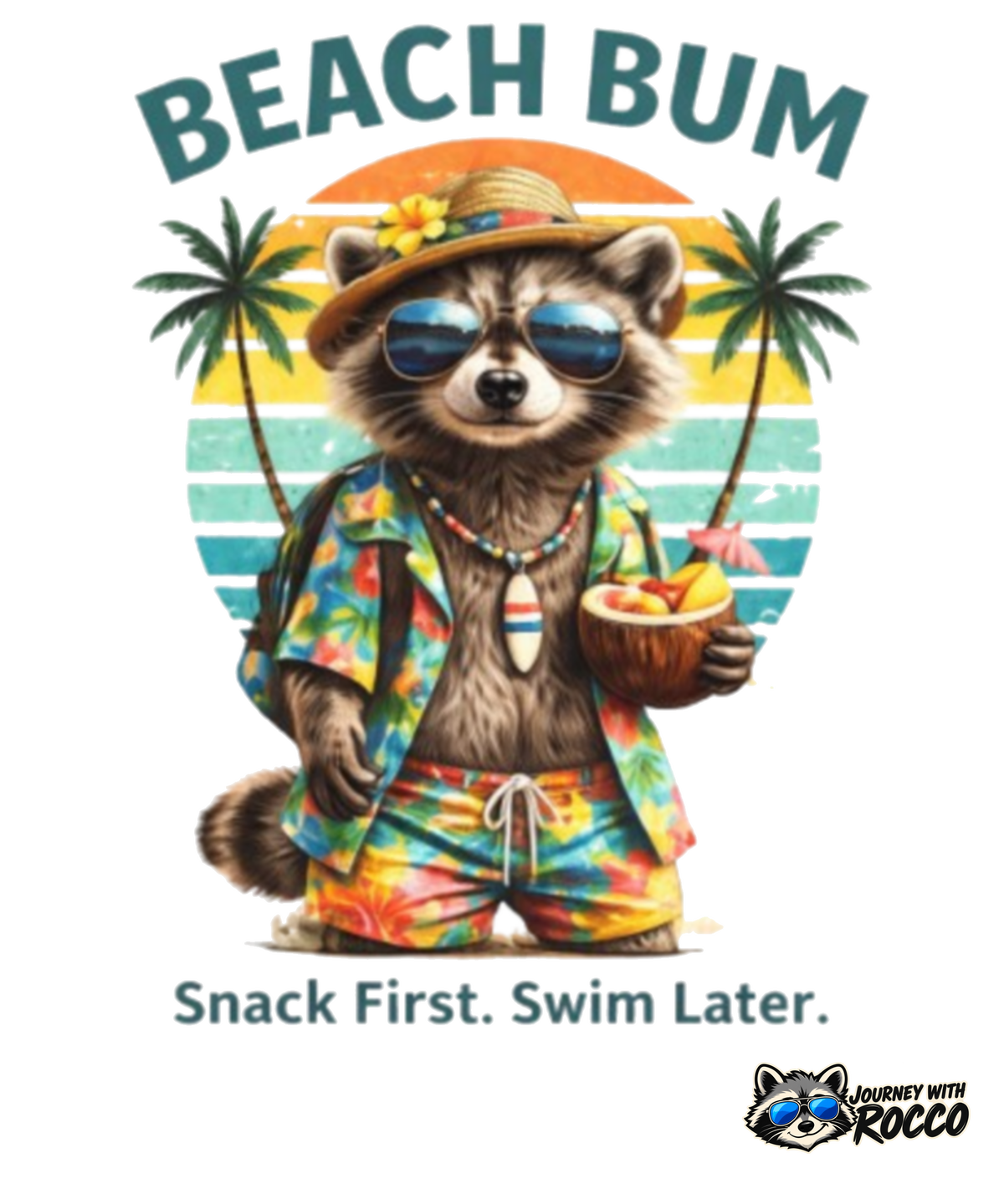 Rocco Raccoon "Beach Bum" T-Shirt | Funny Beach Humor Tee | Journey with Rocco Series