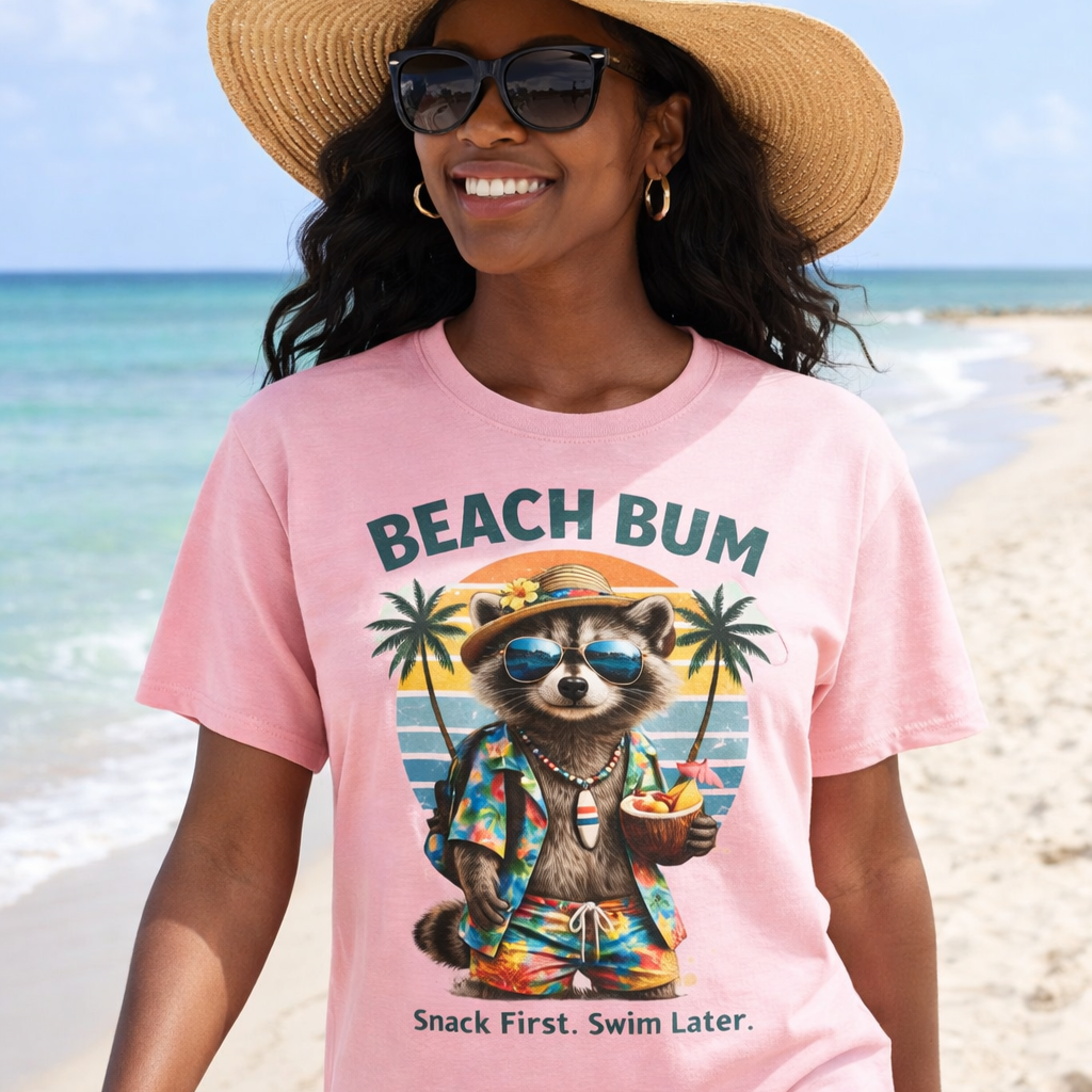 Rocco Raccoon "Beach Bum" T-Shirt | Funny Beach Humor Tee | Journey with Rocco Series