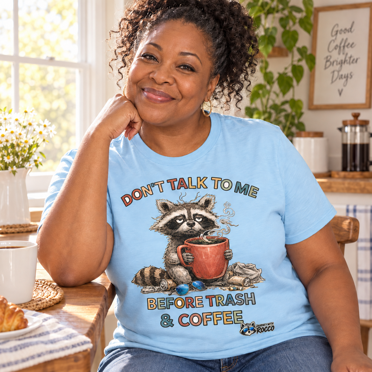 Rocco Raccoon "Don't Talk To Me Before Trash & Coffee" T-Shirt | Funny Morning Coffee Tee | Journey with Rocco Series