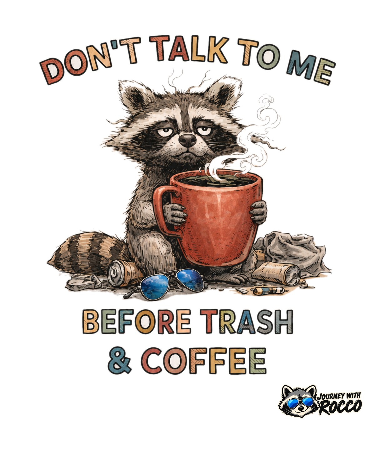 Rocco Raccoon "Don't Talk To Me Before Trash & Coffee" T-Shirt | Funny Morning Coffee Tee | Journey with Rocco Series