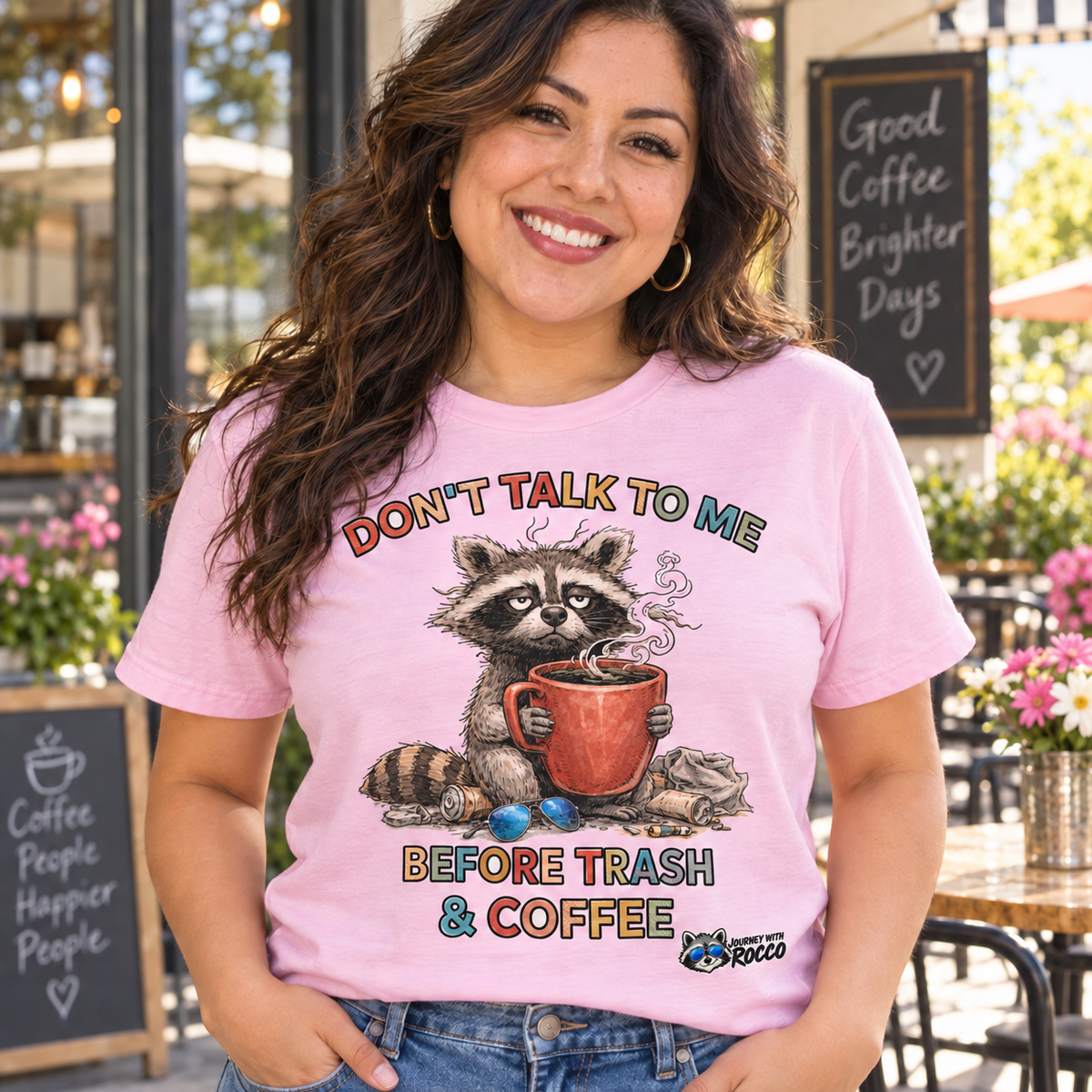 Rocco Raccoon "Don't Talk To Me Before Trash & Coffee" T-Shirt | Funny Morning Coffee Tee | Journey with Rocco Series