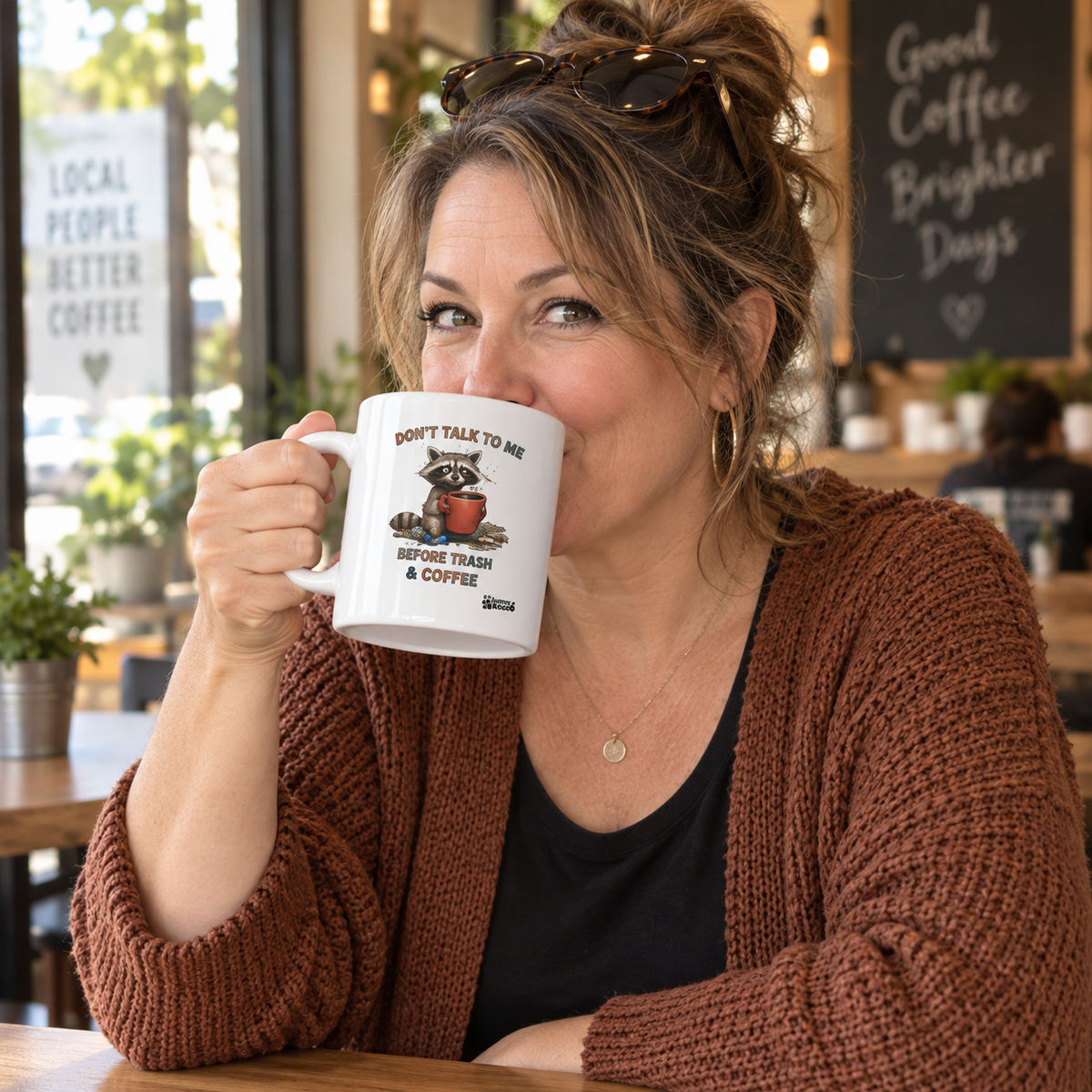 Rocco Raccoon “Don’t Talk to Me Before Trash & Coffee” 20 oz Jumbo Mug | Funny Coffee Mug | Journey with Rocco Series
