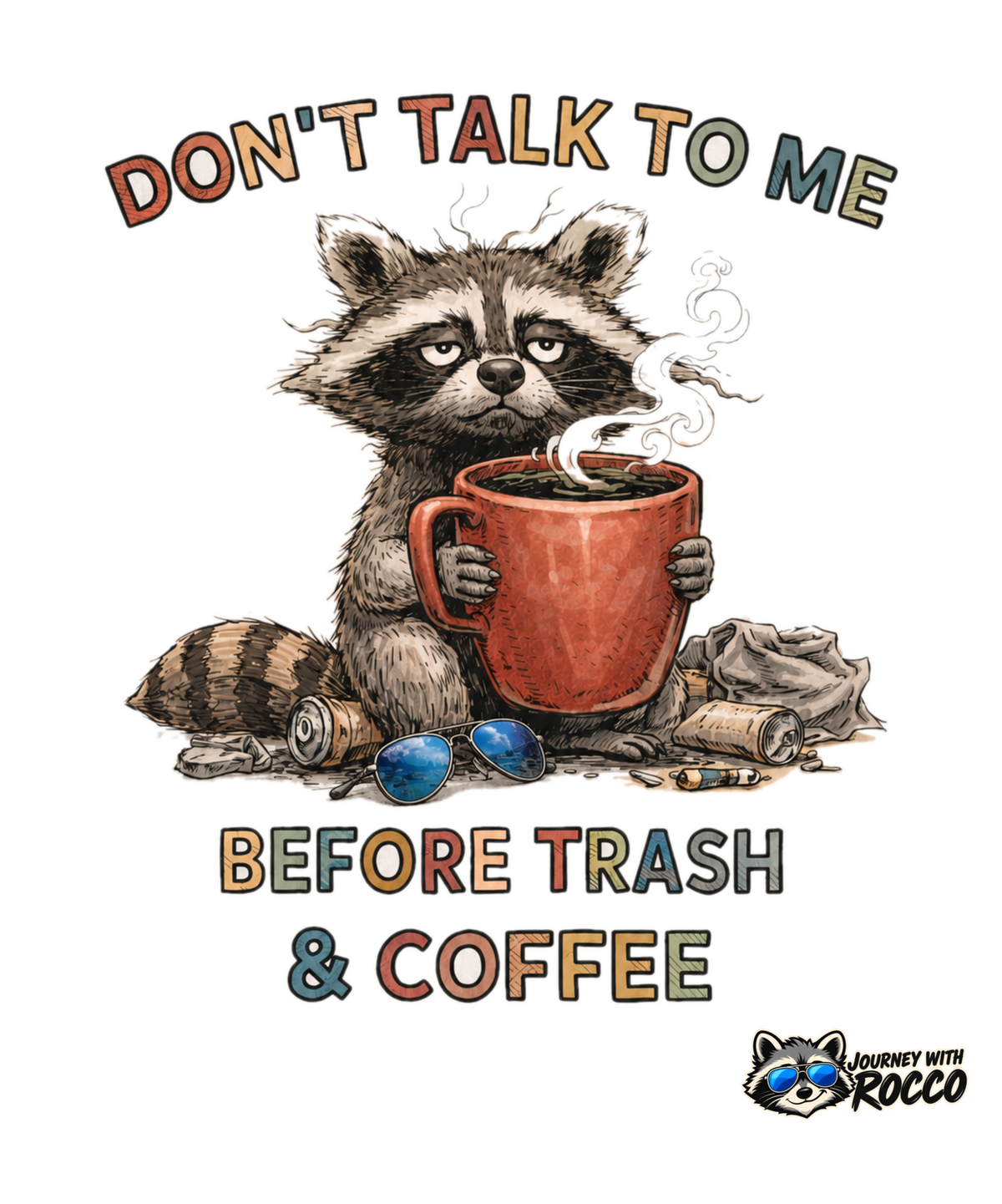 Rocco Raccoon “Don’t Talk to Me Before Trash & Coffee” 20 oz Jumbo Mug | Funny Coffee Mug | Journey with Rocco Series
