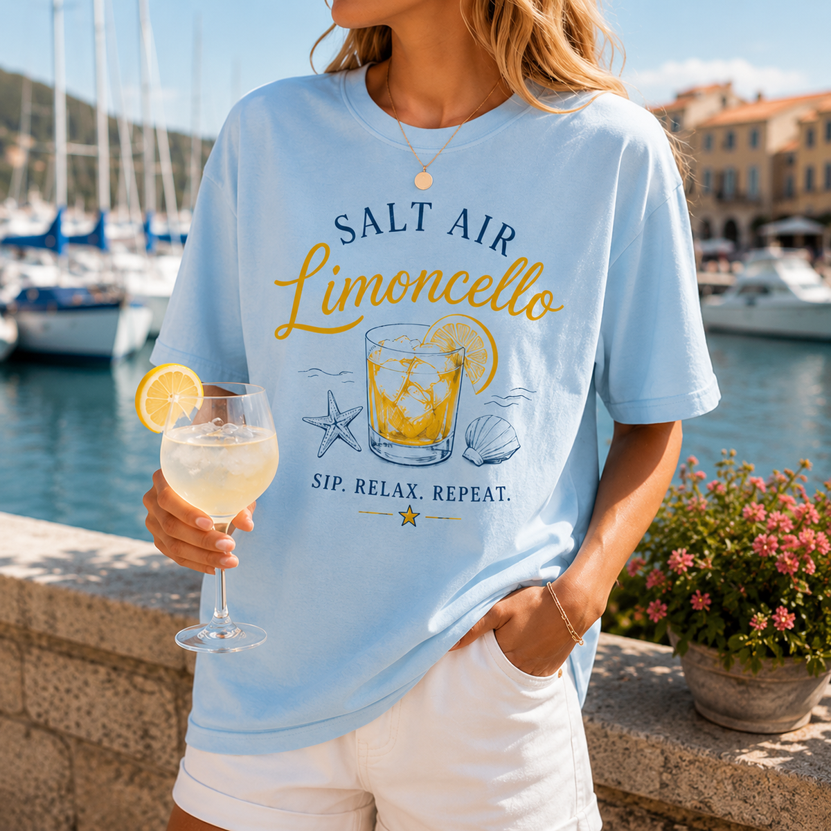 Salt Air Limoncello T-Shirt | Coastal Vacation Graphic Tee | Summer Cocktail Shirt | Italian Riviera Vibe Tee