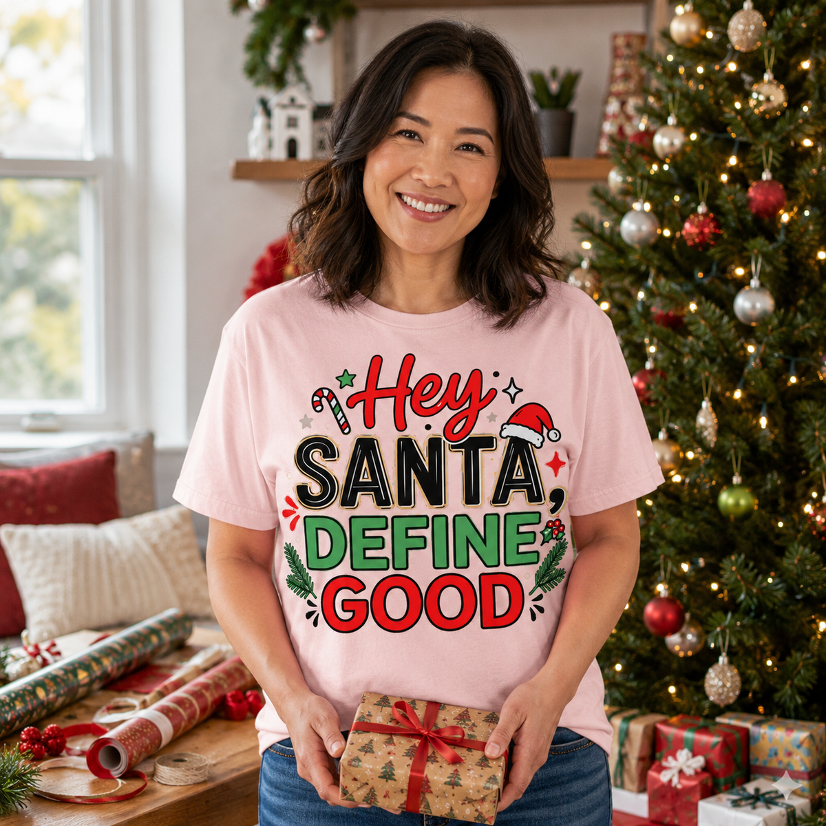 Hey Santa Define Good Funny Christmas T-Shirt | Holiday Party Humor Tee