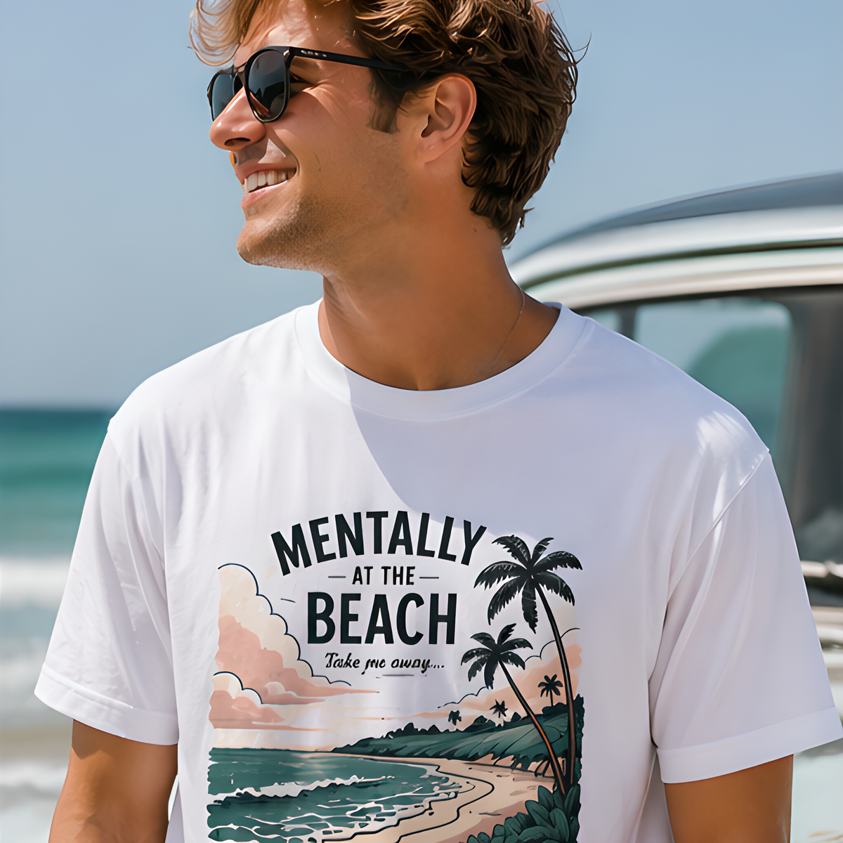 Mentally At The Beach T-Shirt | Retro Tropical Ocean Sunset Tee