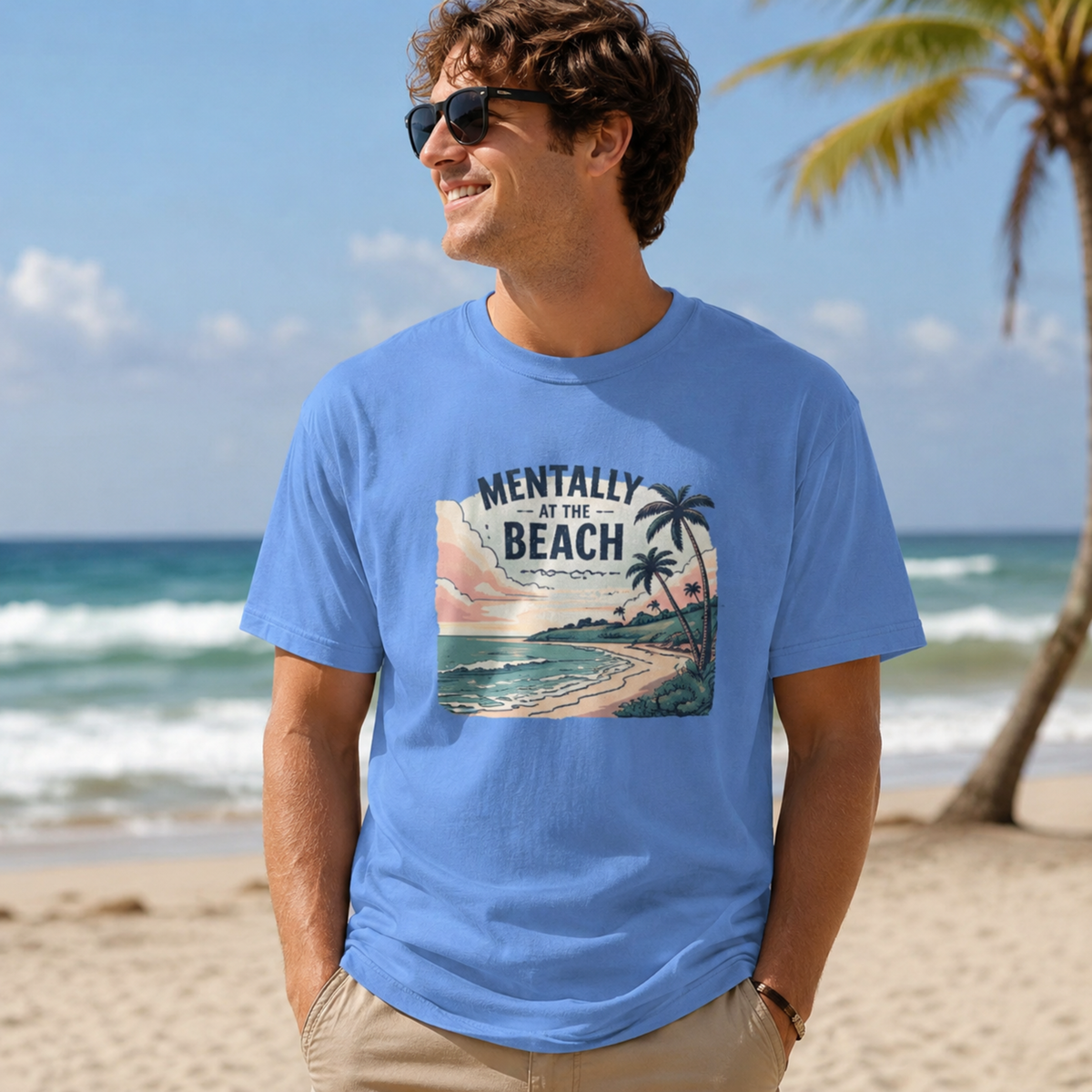 Mentally At The Beach T-Shirt | Retro Tropical Ocean Sunset Tee