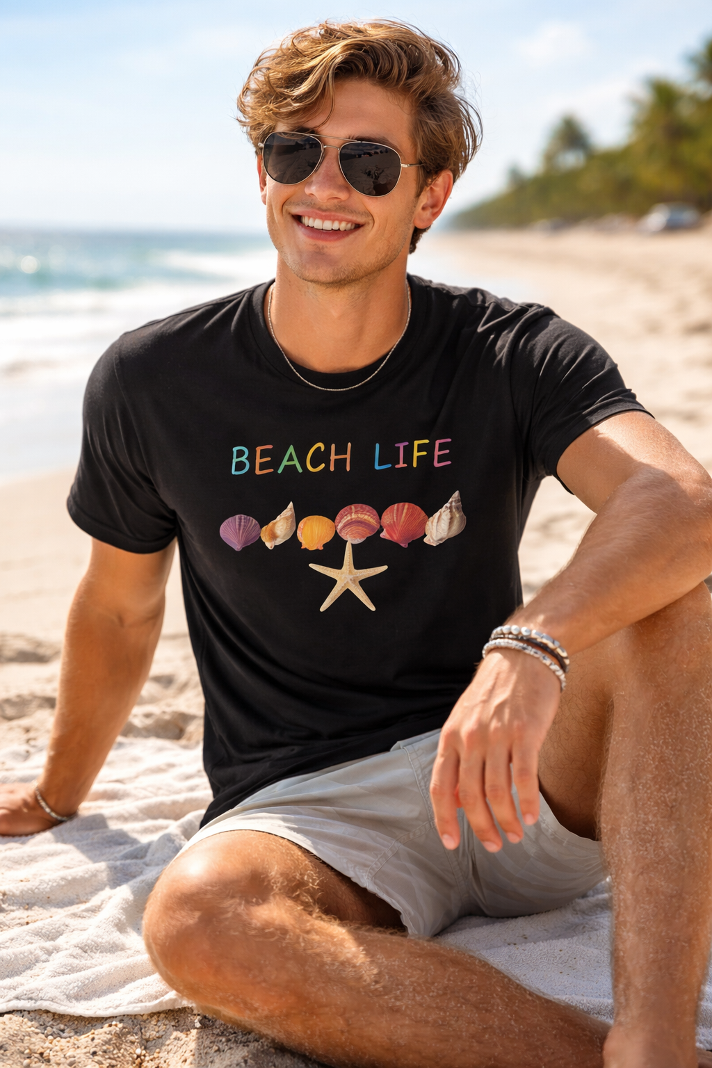 Beach Life Colorful Seashell Graphic T-Shirt | Tropical Ocean Vacation Tee