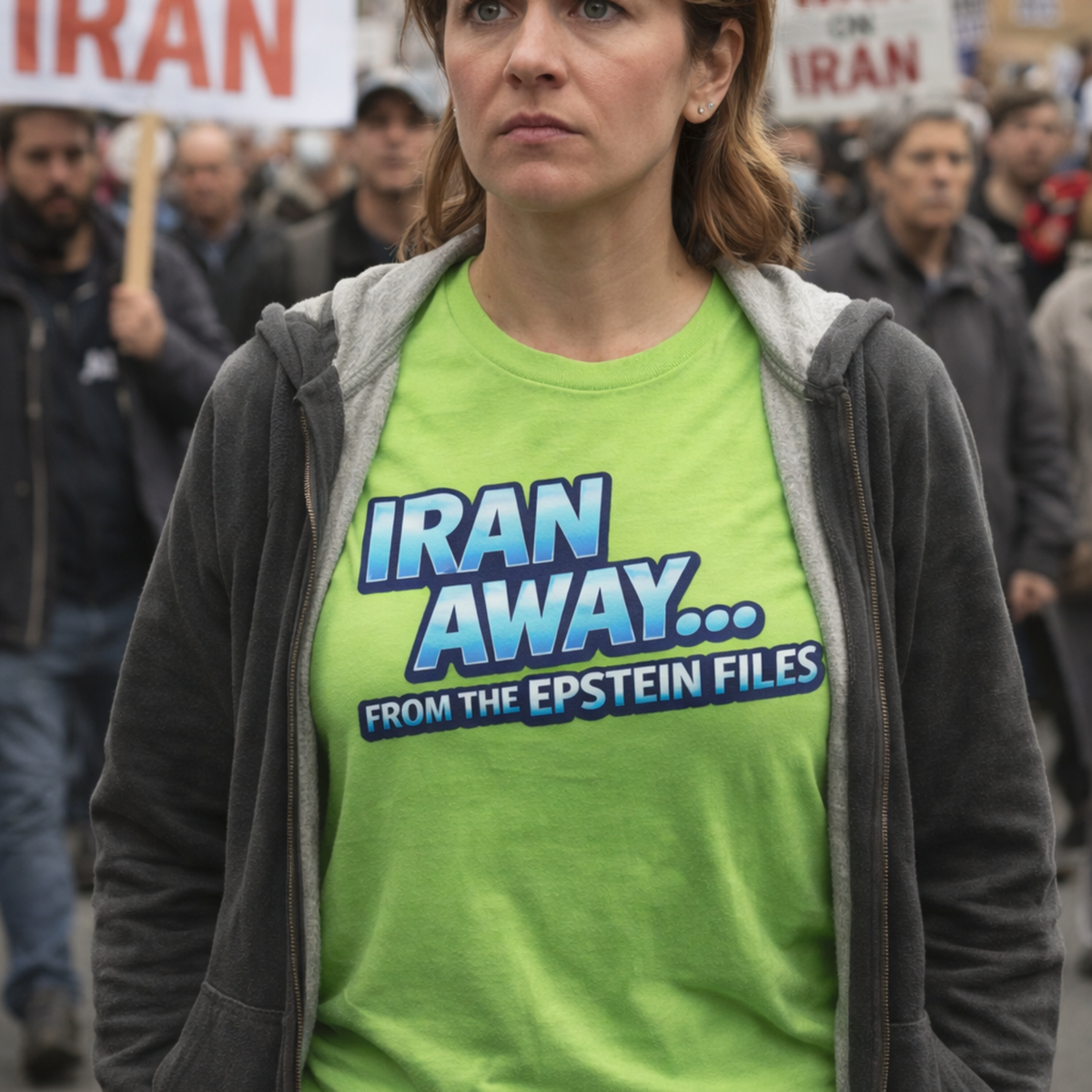Iran Away From The Epstein Files T-Shirt | Military Green Political Satire Tee