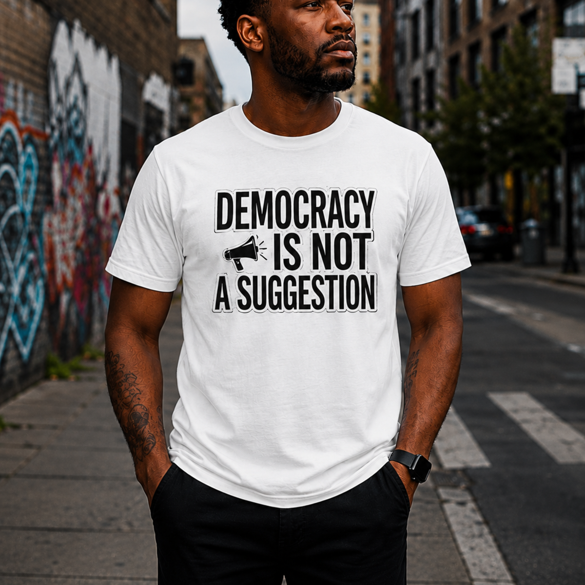 Democracy Is Not A Suggestion T-Shirt | Activist Megaphone Statement Tee