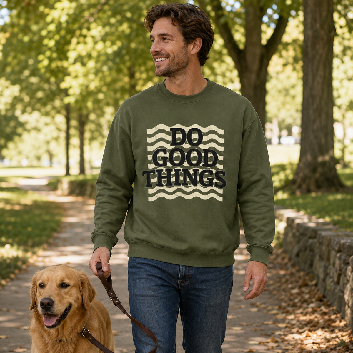 Do Good Things Sweatshirt | Olive Green Retro Wavy Graphic Pullover
