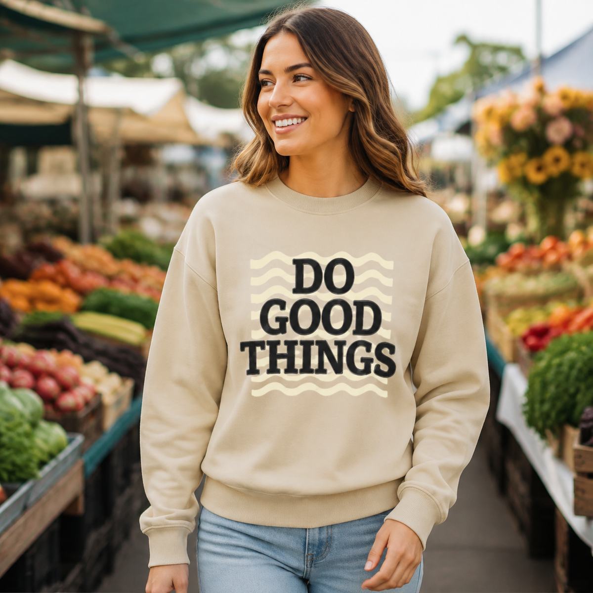 Do Good Things Sweatshirt | Olive Green Retro Wavy Graphic Pullover