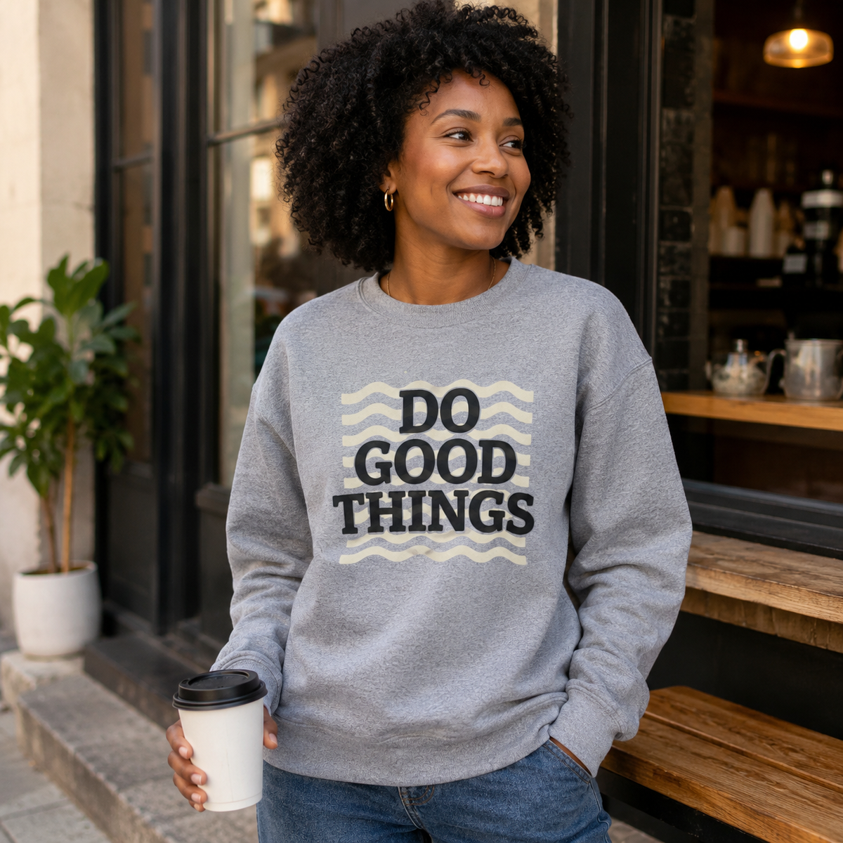 Do Good Things Sweatshirt | Olive Green Retro Wavy Graphic Pullover