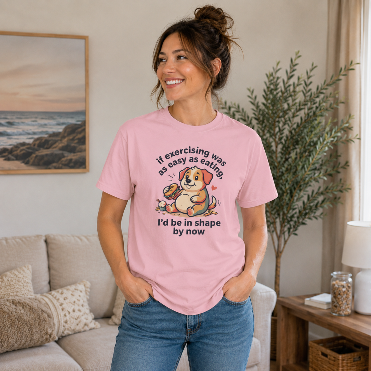 If Exercising Was As Easy As Eating Puppy T-Shirt | Funny Pink Graphic Tee