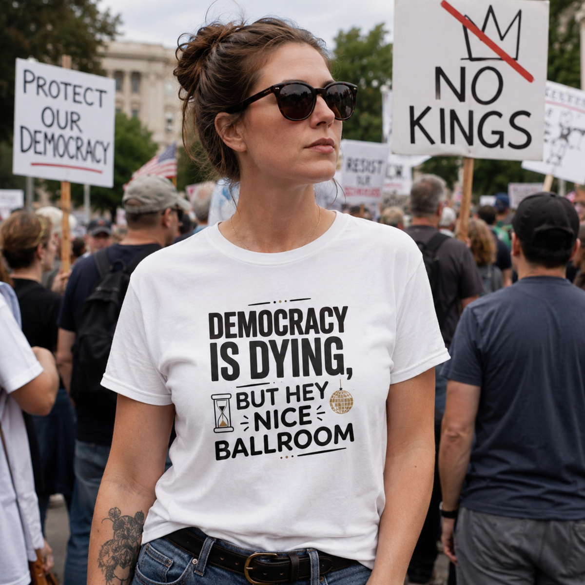 Democracy Is Dying But Hey Nice Ballroom T-Shirt | Slate Blue Political Satire Tee