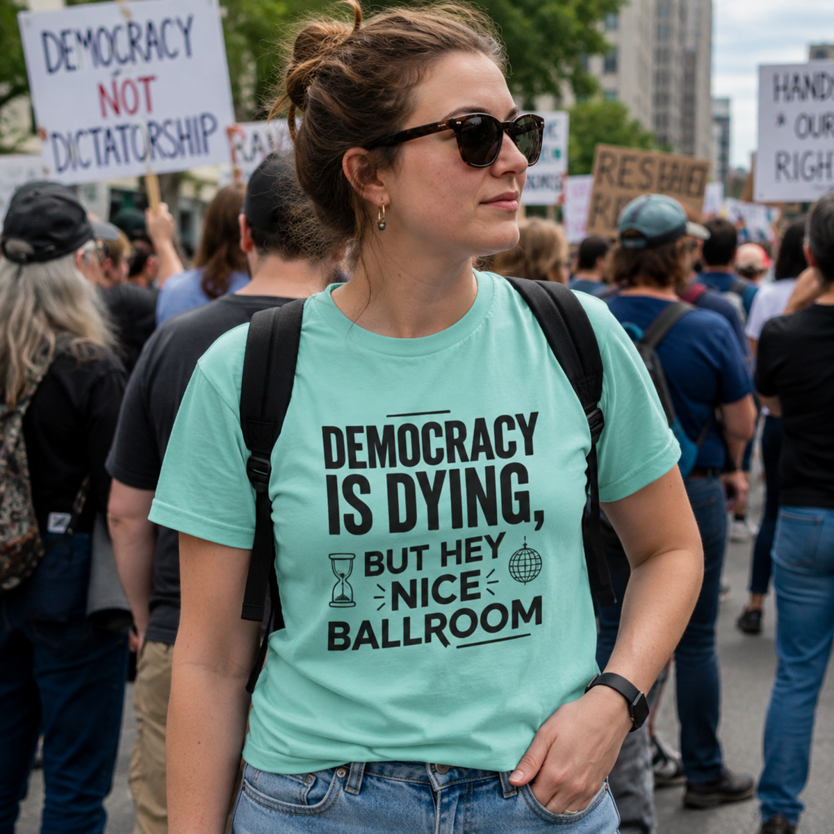 Democracy Is Dying But Hey Nice Ballroom T-Shirt | Slate Blue Political Satire Tee