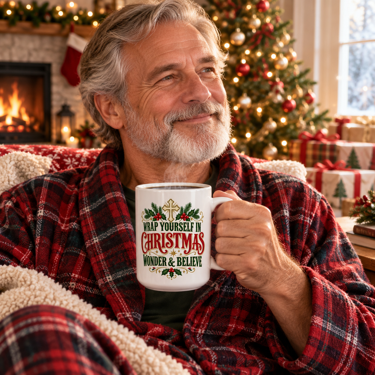 Wrap Yourself in Christmas Wonder & Believe Mug | Christian Holiday Coffee Cup