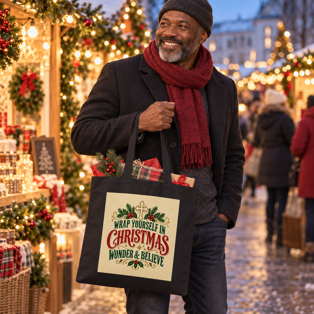 Wrap Yourself in Christmas Wonder & Believe Tote Bag | Holiday Shopping Canvas Tote
