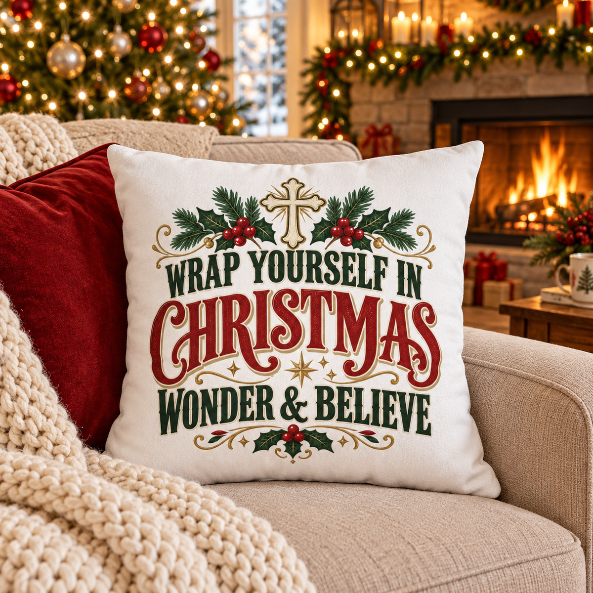Wrap Yourself in Christmas Wonder & Believe Pillow | Christian Holiday Throw Pillow