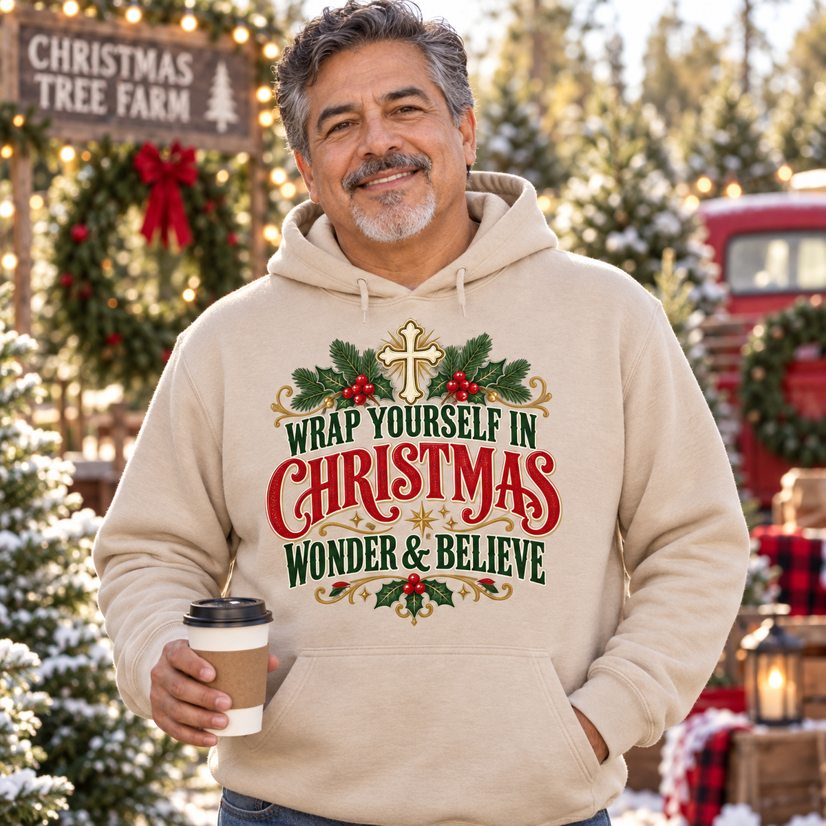 Wrap Yourself in Christmas Wonder & Believe Hoodie | Christian Holiday Sweatshirt