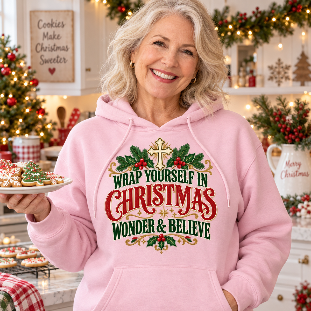 Wrap Yourself in Christmas Wonder & Believe Hoodie | Christian Holiday Sweatshirt