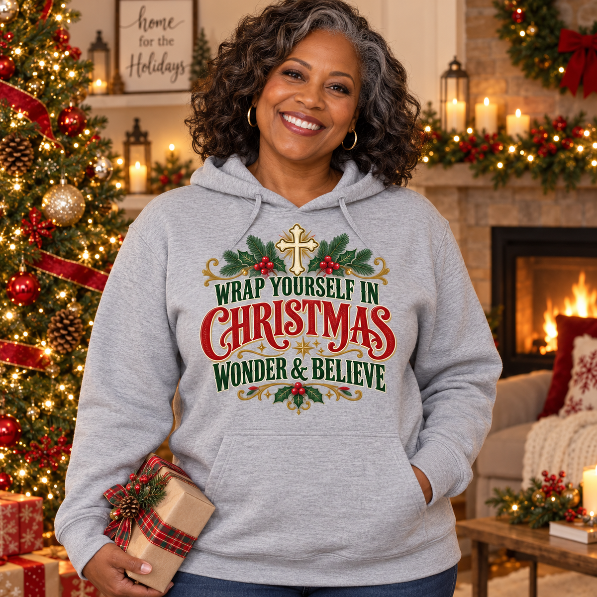 Wrap Yourself in Christmas Wonder & Believe Hoodie | Christian Holiday Sweatshirt