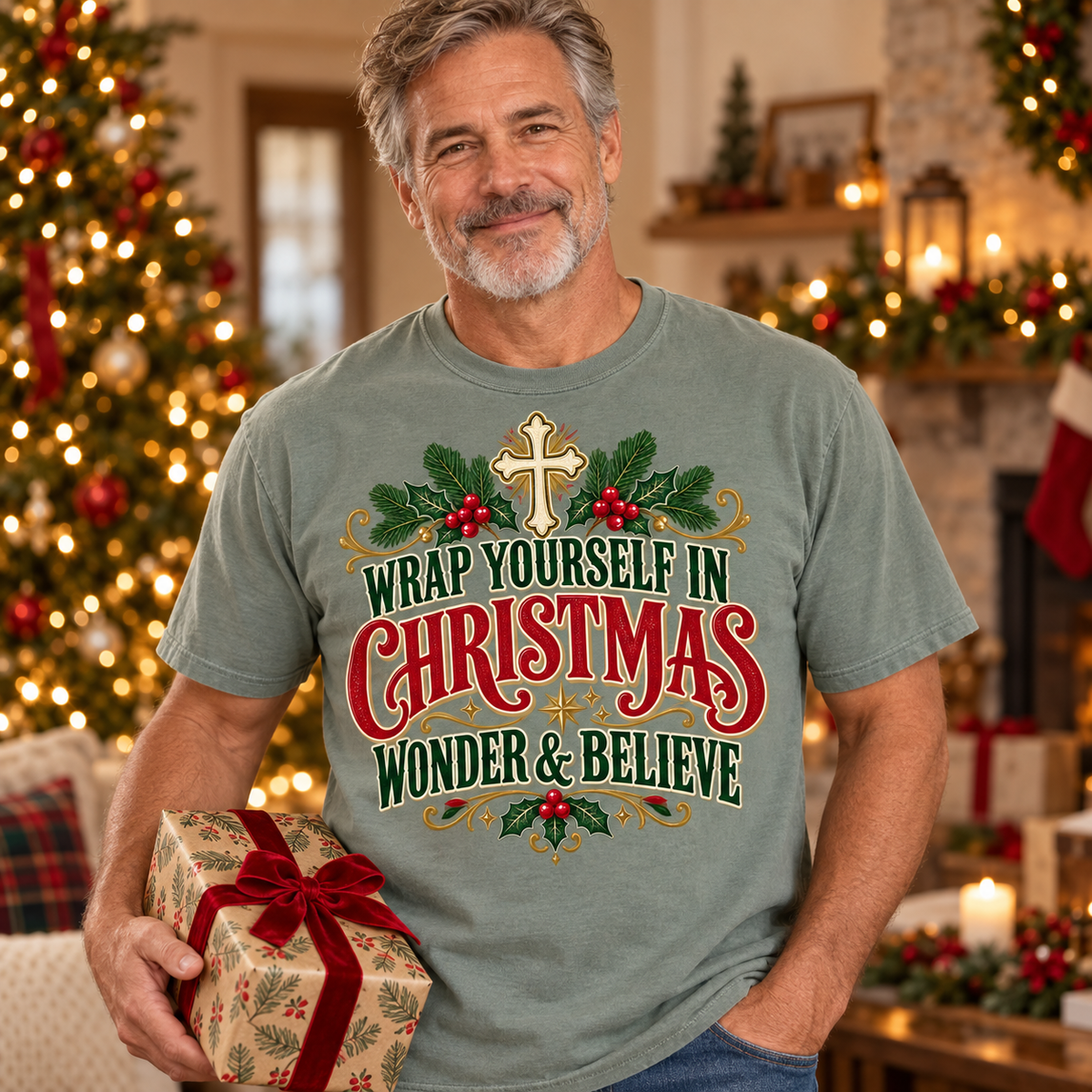 Wrap Yourself in Christmas Wonder & Believe T-Shirt | Christian Holiday Graphic Tee