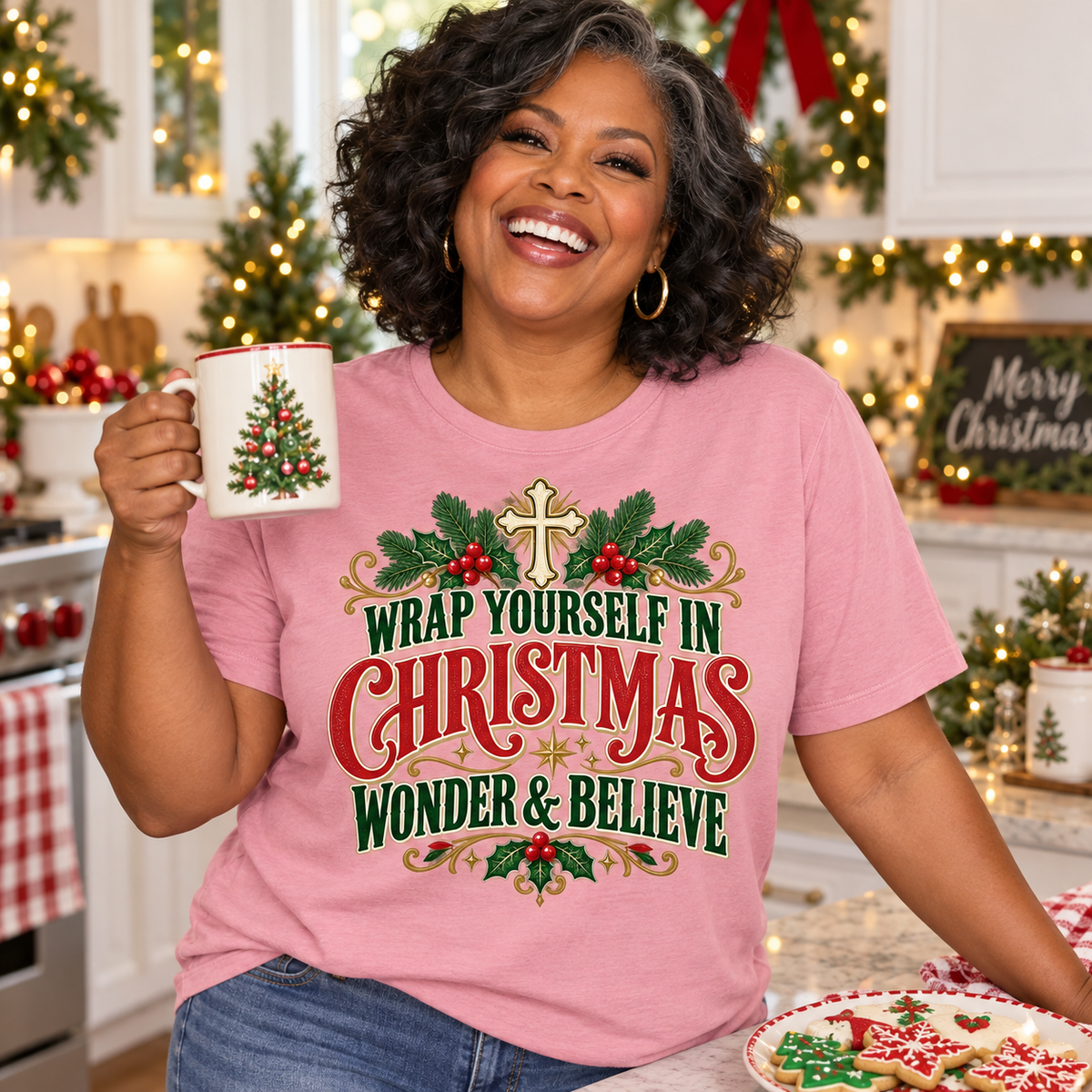 Wrap Yourself in Christmas Wonder & Believe T-Shirt | Christian Holiday Graphic Tee