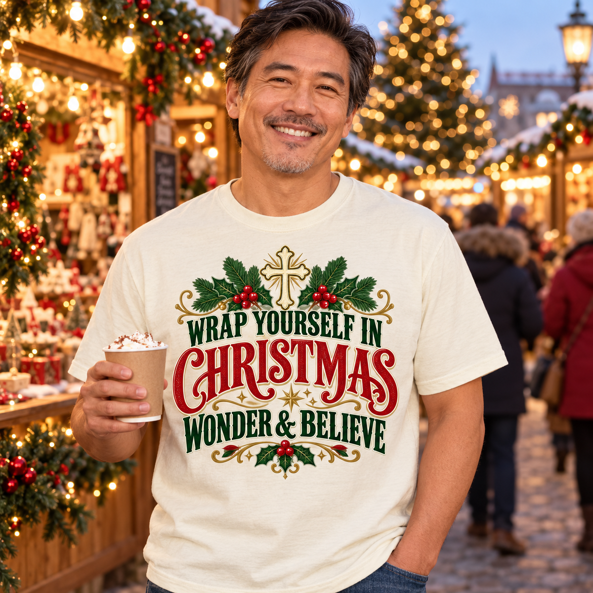 Wrap Yourself in Christmas Wonder & Believe T-Shirt | Christian Holiday Graphic Tee