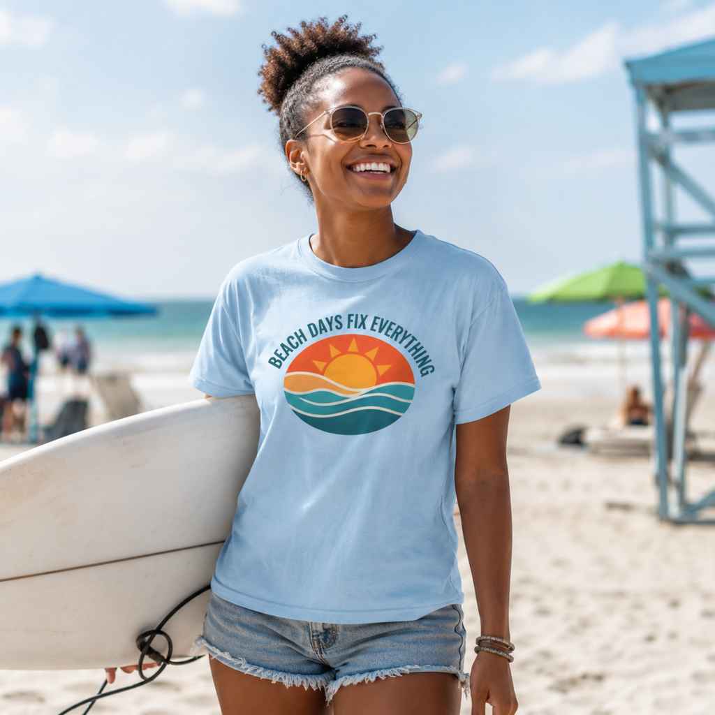 Beach Days Fix Everything T-Shirt | Retro Wave & Sun Graphic Tee | Ocean Vacation Shir