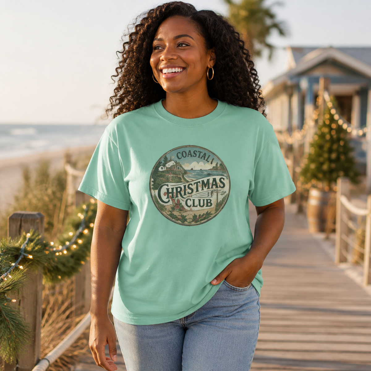 Coastal Christmas Club Vintage Badge T-Shirt | Mint Green Beach Holiday Tee