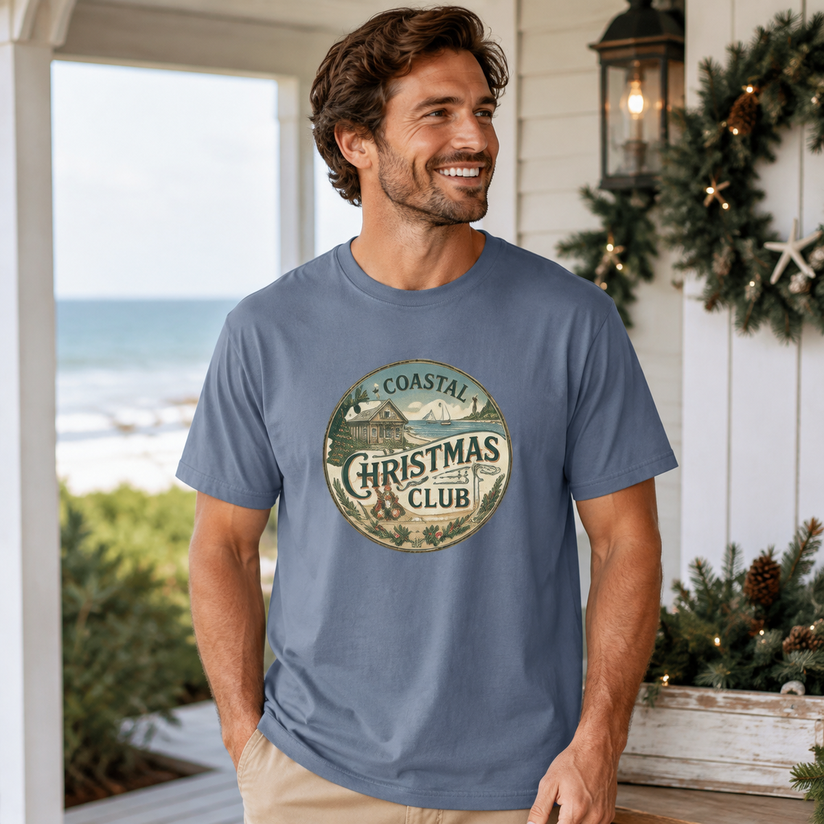 Coastal Christmas Club Vintage Badge T-Shirt | Mint Green Beach Holiday Tee