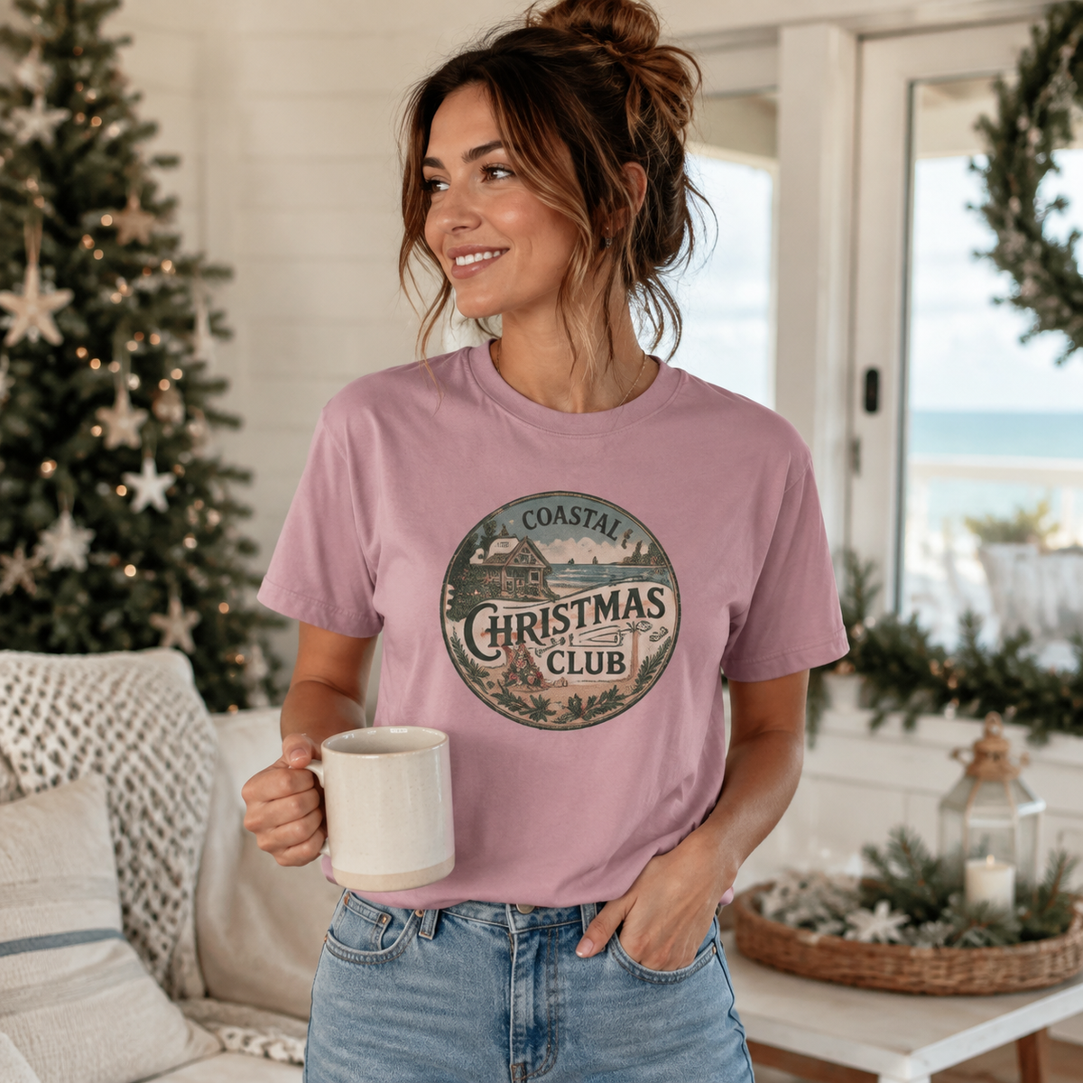 Coastal Christmas Club Vintage Badge T-Shirt | Mint Green Beach Holiday Tee