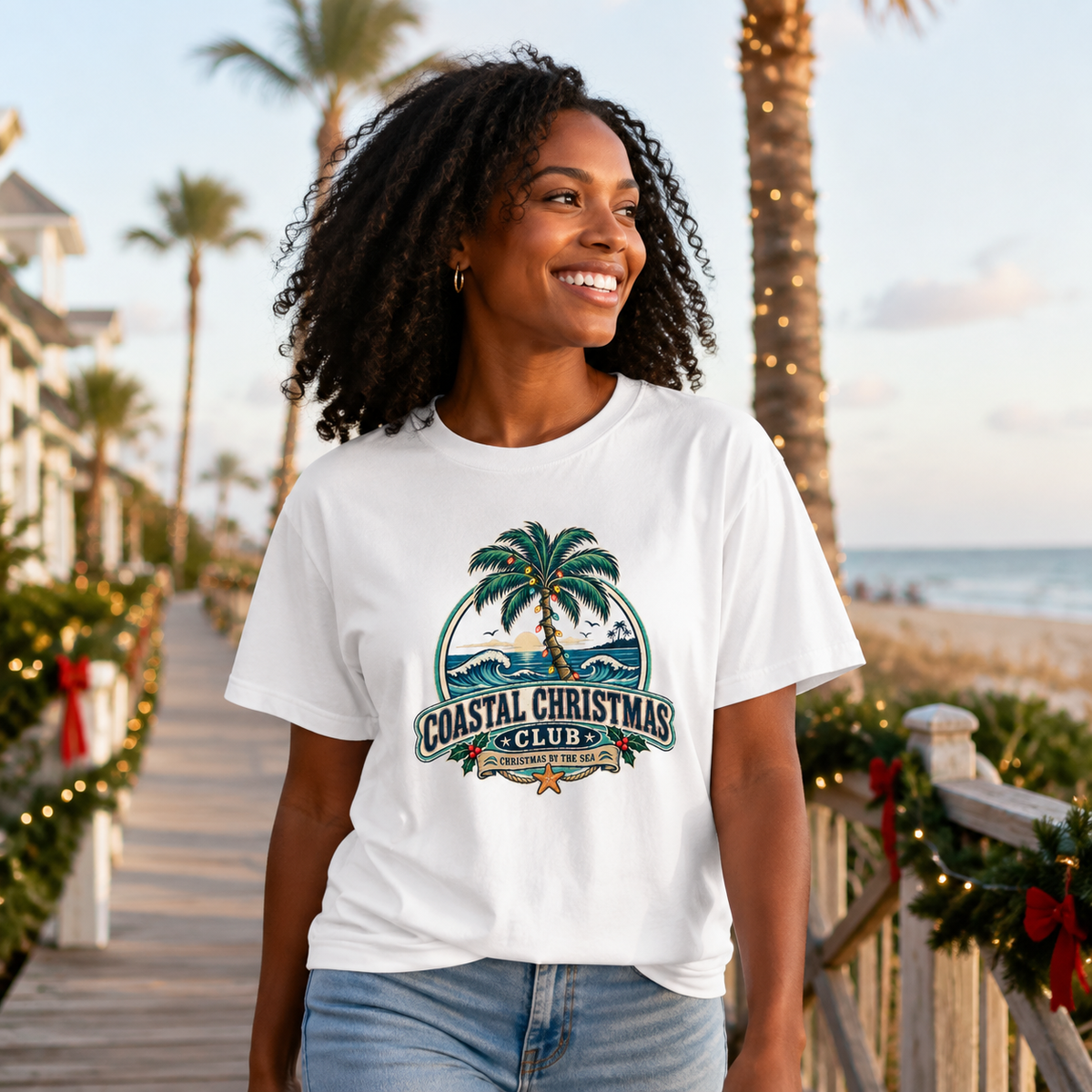 Coastal Christmas Club Palm Tree T-Shirt | Beach Holiday Graphic Tee