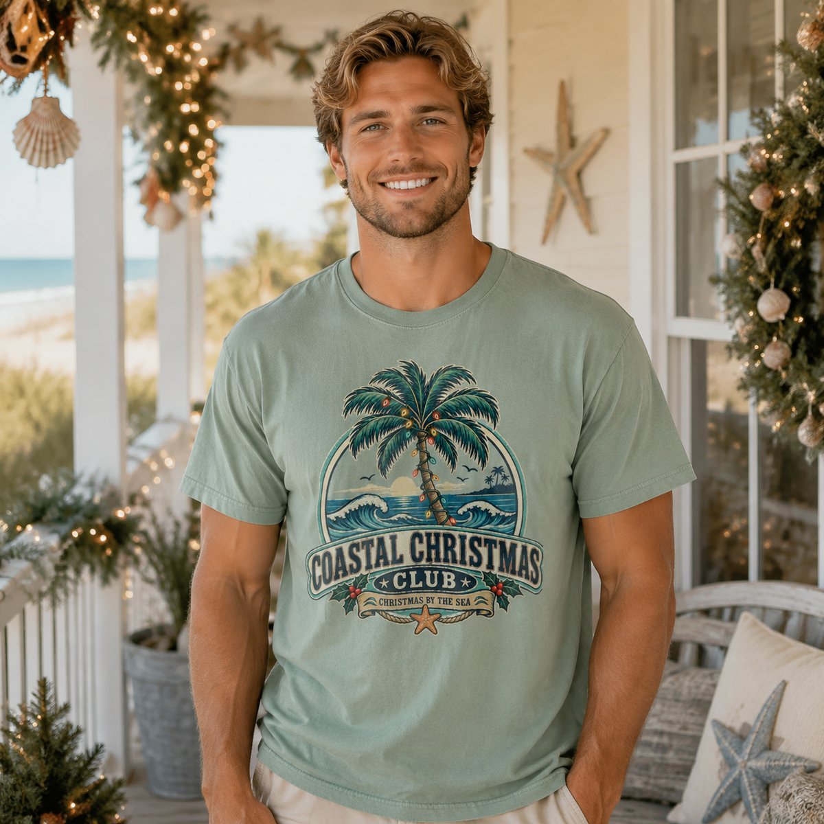 Coastal Christmas Club Palm Tree T-Shirt | Beach Holiday Graphic Tee
